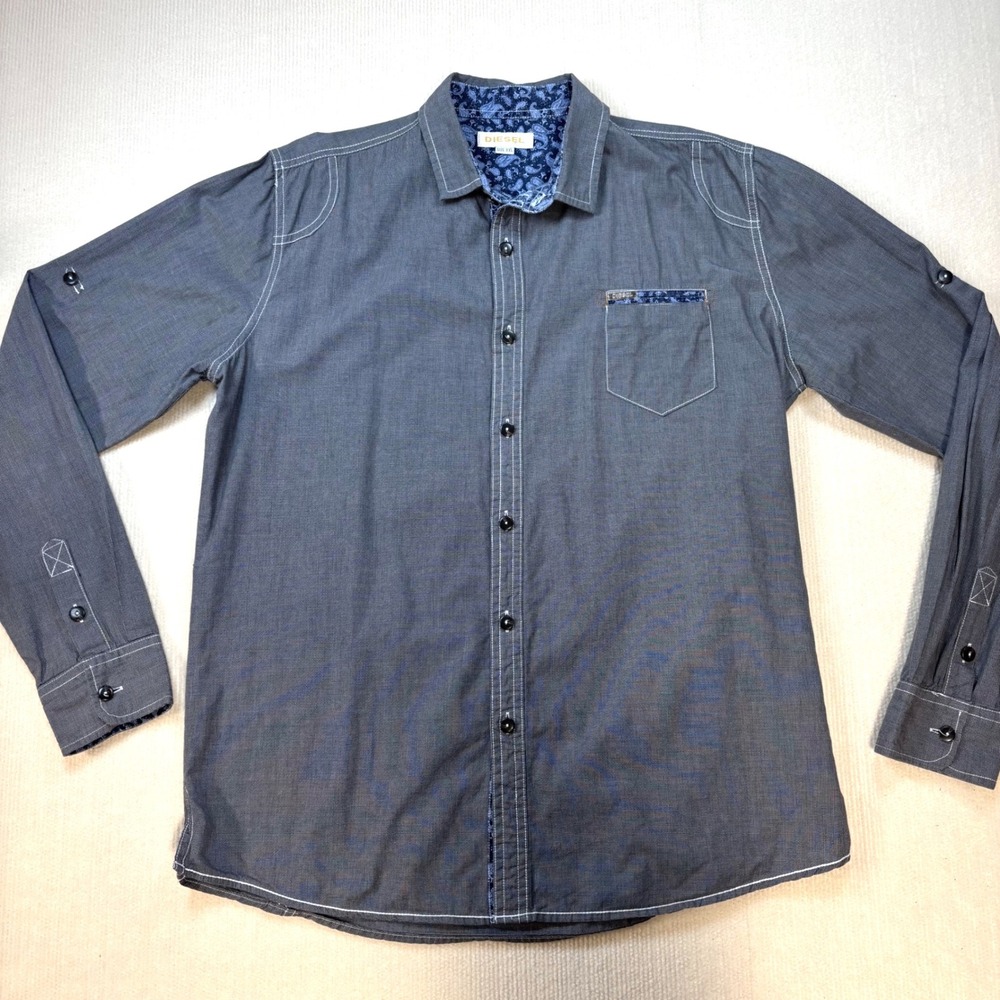Diesel Mens XXL Grey Button Down Shirt Paisley Trim Roll Tab Contrast Stitch